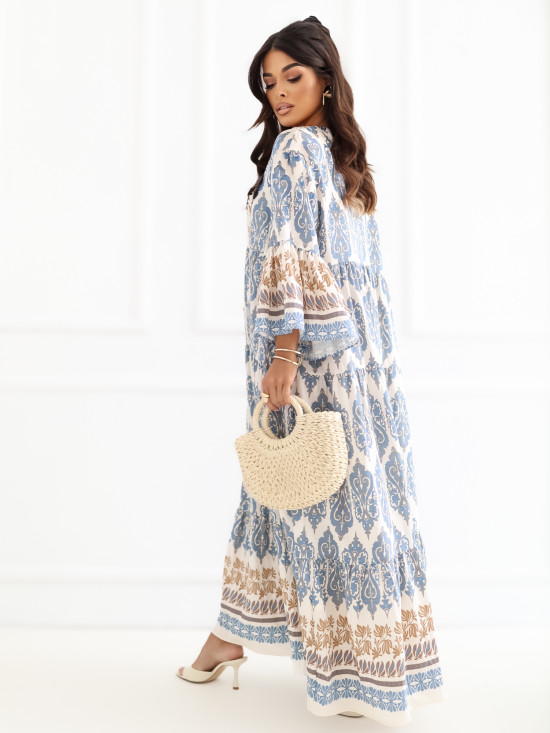 Blaues Maxi-Kleid mit Print und 3/4-Ärmeln