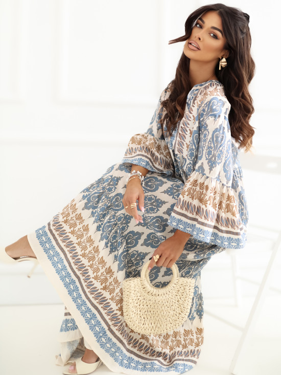 Blaues Maxi-Kleid mit Print und 3/4-Ärmeln