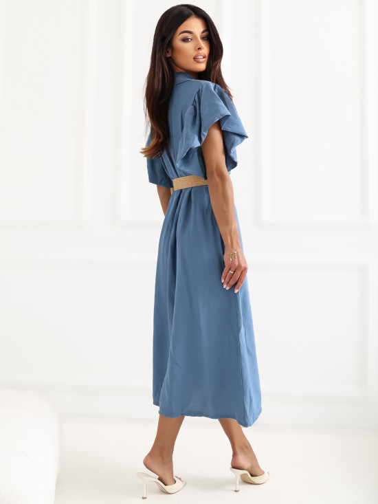 Blaues ausgestelltes Midi-Kleid mit Gürtel und Volant