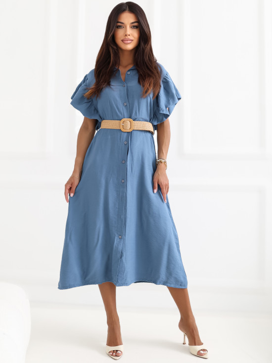 Blaues ausgestelltes Midi-Kleid mit Gürtel und Volant