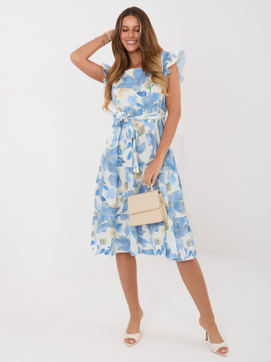 Blaues ausgestelltes Midi-Kleid mit Gürtel und Volant