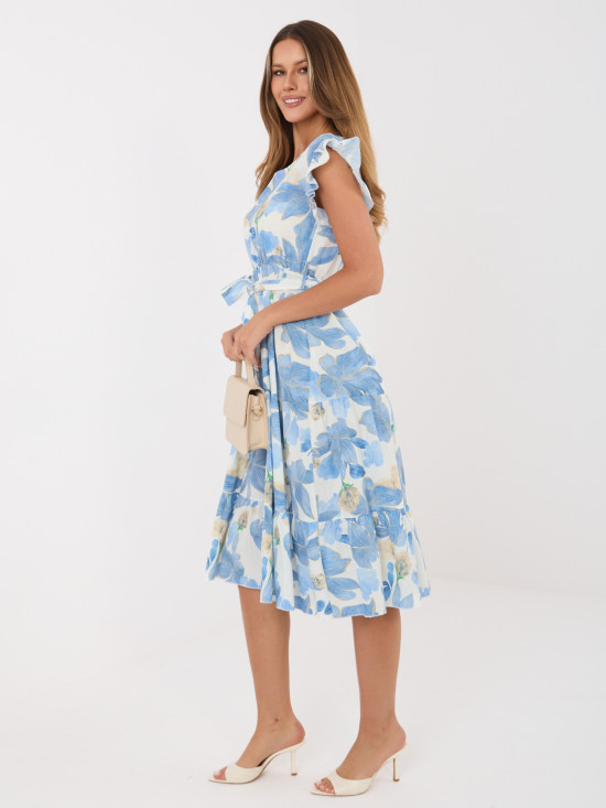 Blaues ausgestelltes Midi-Kleid mit Gürtel und Volant