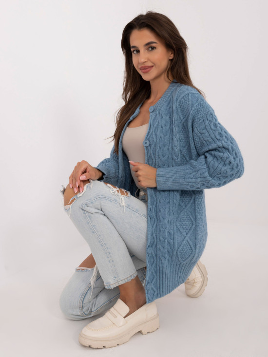 Langer blauer Strickcardigan mit Knöpfen und Strukturmuster
