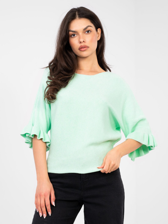 Eleganter mintfarbener Pullover mit 3/4-Ärmeln und Volant