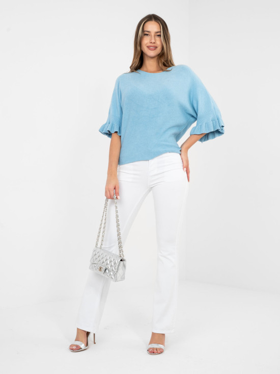 Eleganter blauer Pullover mit 3/4-Ärmeln und Volant