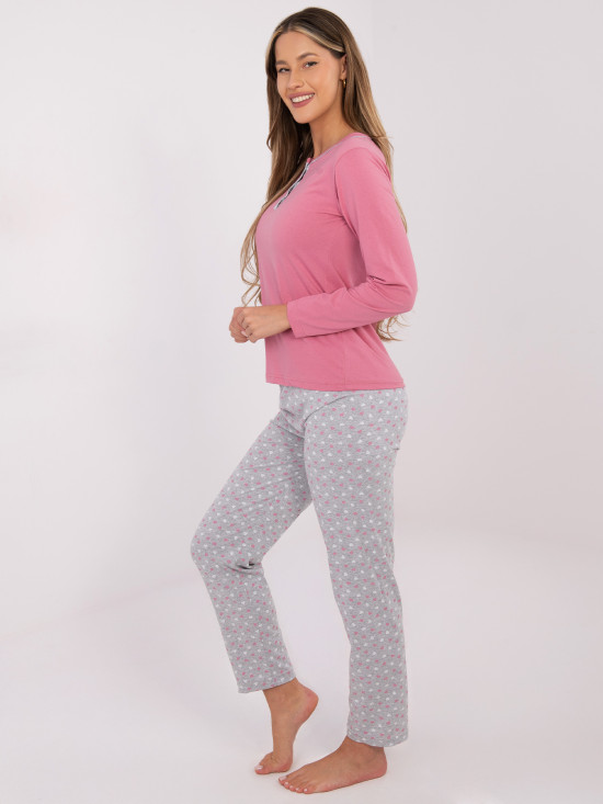 Damen Baumwoll-Pyjama mit Print und Knöpfen, rosa