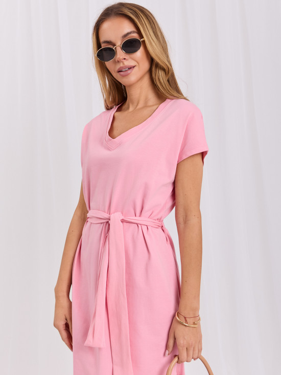 Rosa Baumwoll-Midikleid mit Gürtel