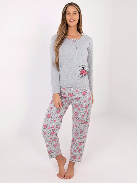 Damen Baumwoll-Pyjama mit Blumenmuster, grau