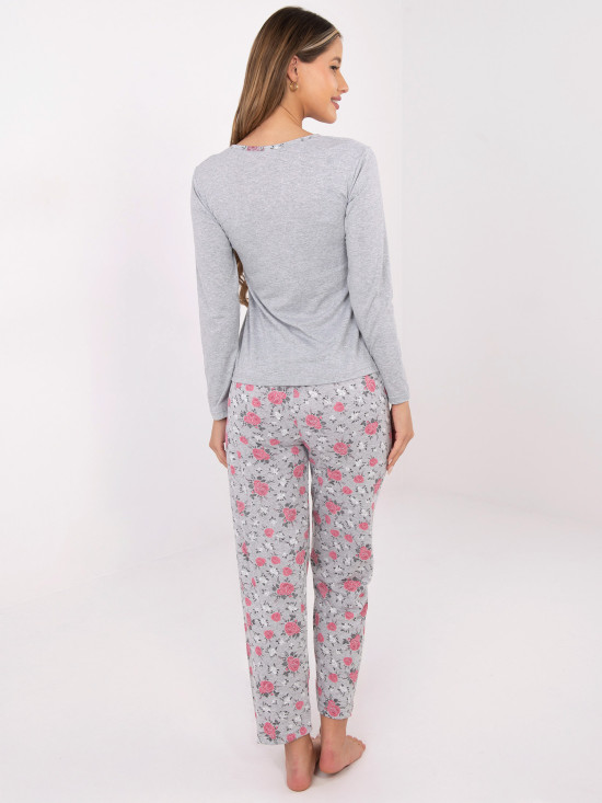 Damen Baumwoll-Pyjama mit Blumenmuster, grau