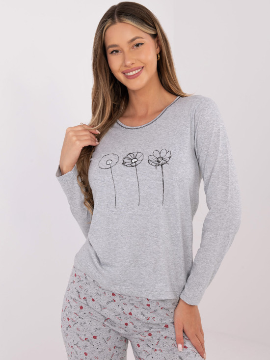 Damen Baumwoll-Pyjama mit Print, grau