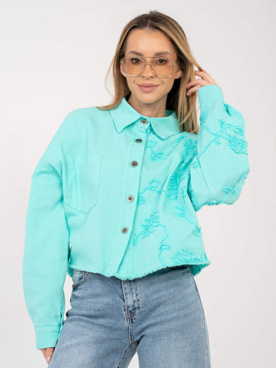 Damen-Jeansjacke in Türkis mit Blumenapplikation