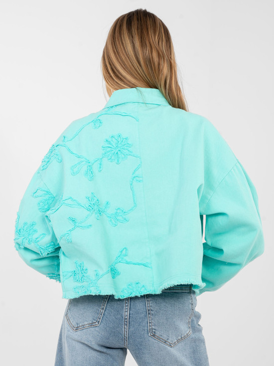 Damen-Jeansjacke in Türkis mit Blumenapplikation
