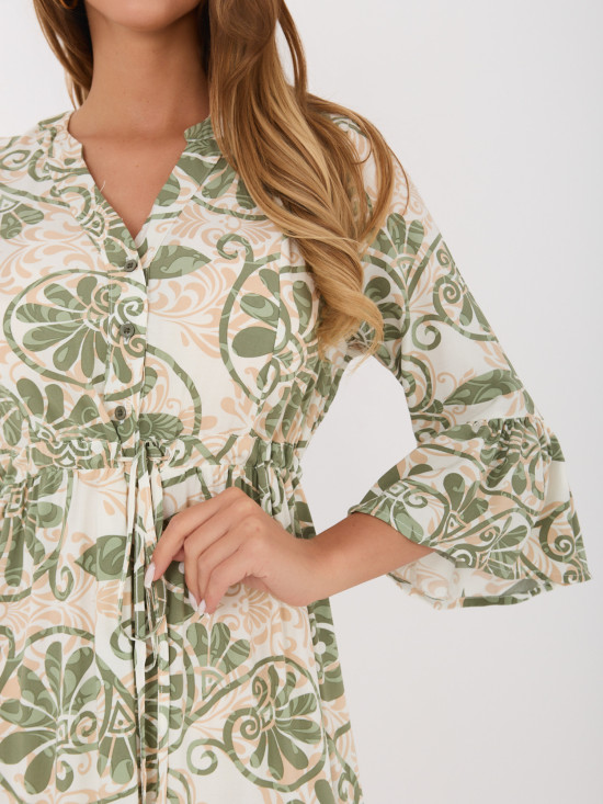 Grünes Midi-Kleid mit Print und Bindegürtel