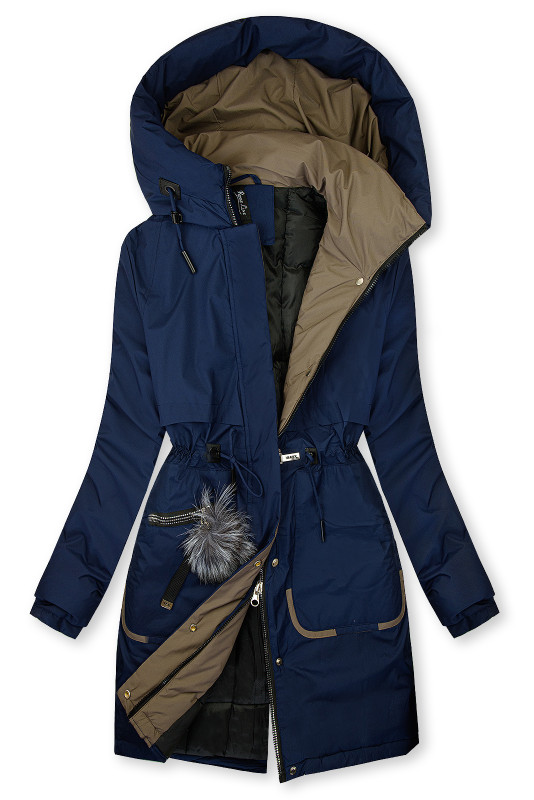 Langer Damen-Winterparka mit verstellbarer Taille Dunkelblau