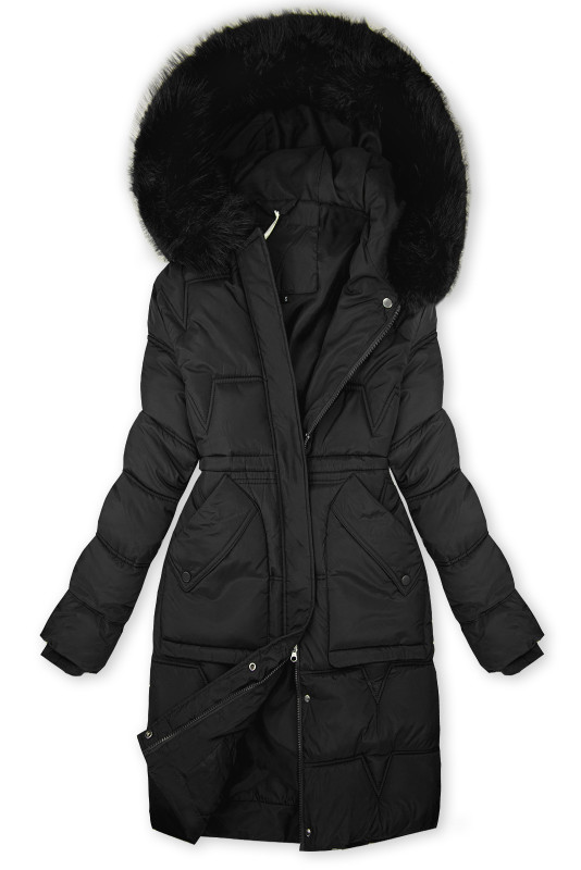Damen-Wintermantel mit verstellbarer Taille Schwarz