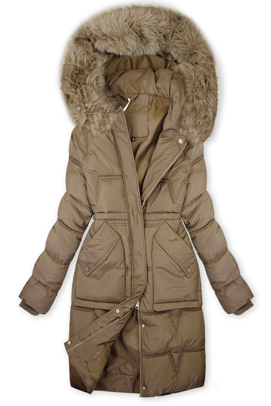 Damen-Wintermantel mit verstellbarer Taille Dunkelbeige