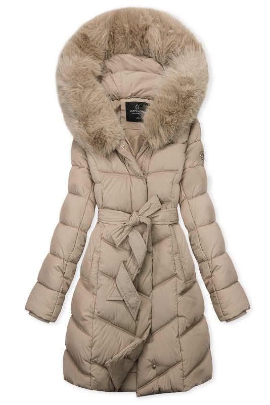 Winterjacke mit Gürtel und Kunstfell Beige