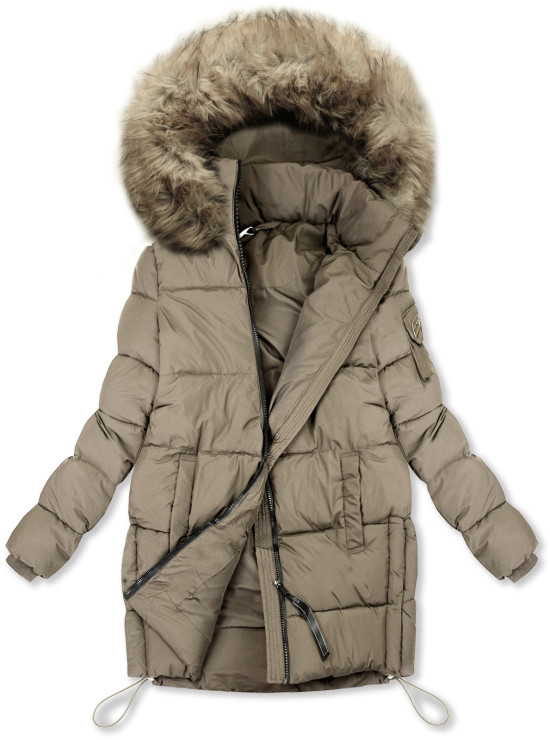 Dunkelbeige Steppjacke mit Kunstpelz