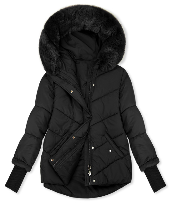 Damen-Steppjacke für den Winter mit Fell – Schwarz
