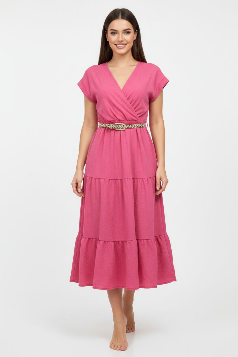 Midi-Sommerkleid mit Gürtel Pink