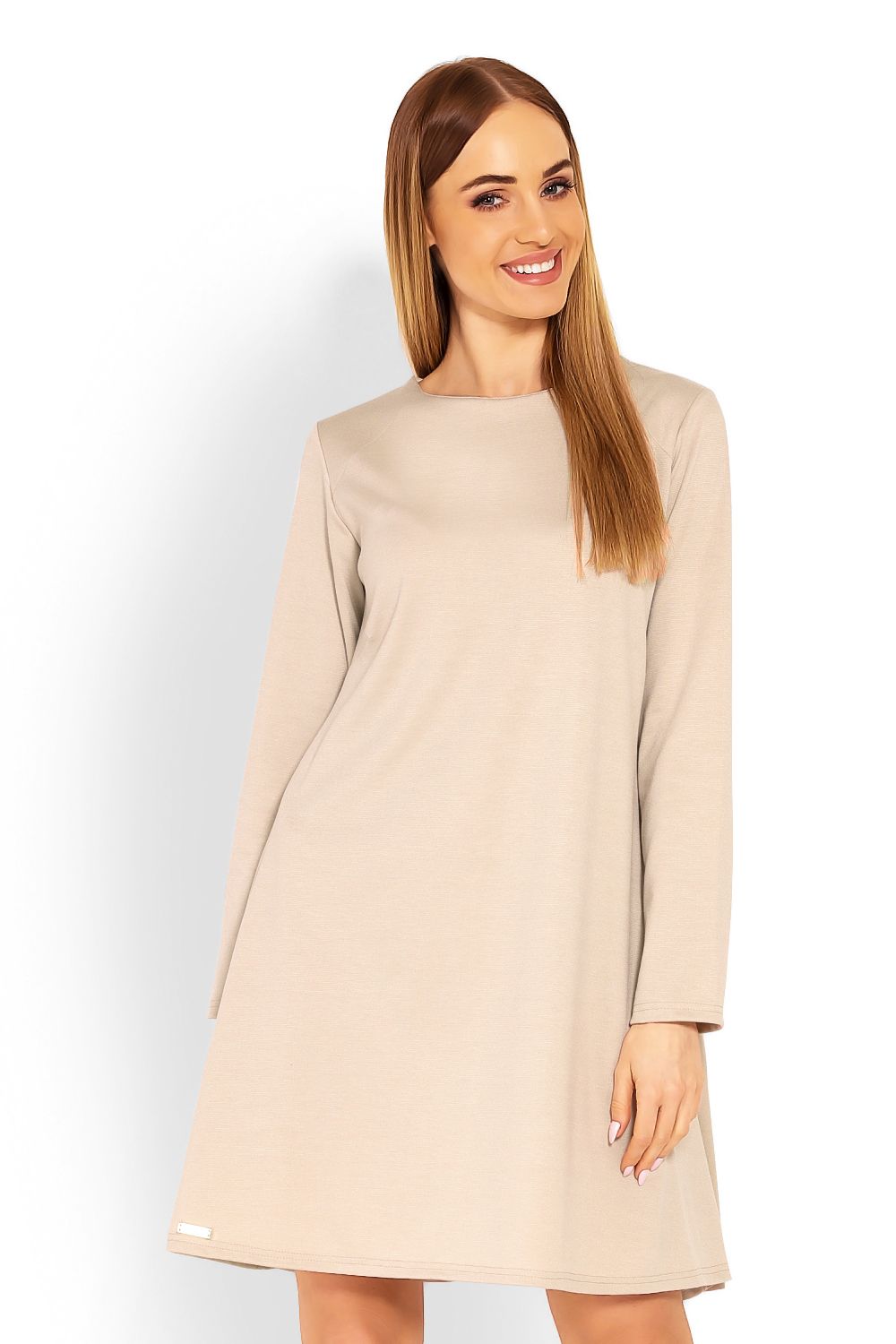 Beige lockere Kleid mit langen Ärmeln