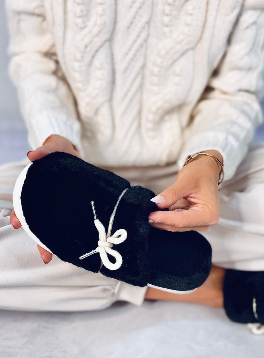 Damenhausschuhe aus Kunstfell Schwarz