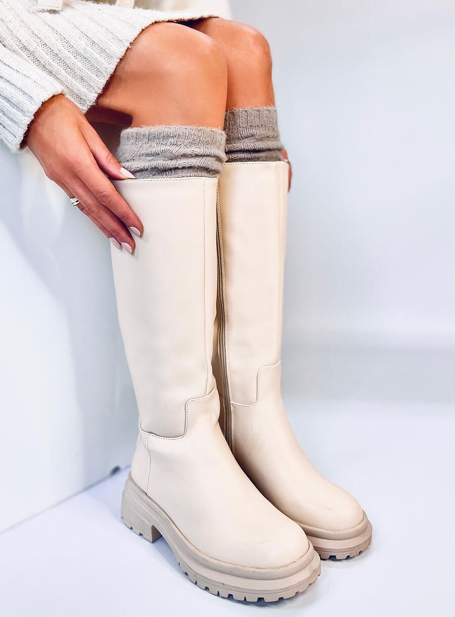 Ecru Stiefel mit dickem Absatz