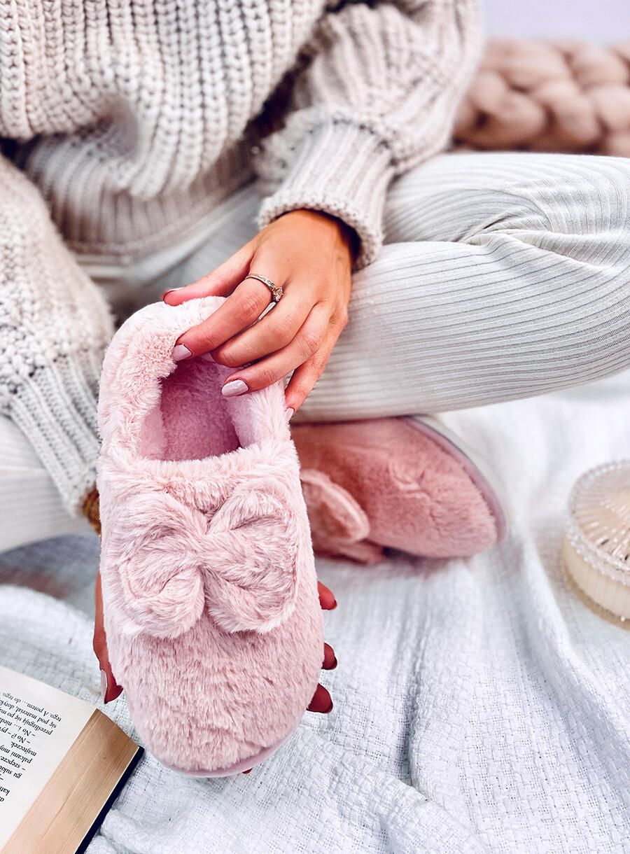 Kunstfell-Hausschuhe mit Schleife Rosa