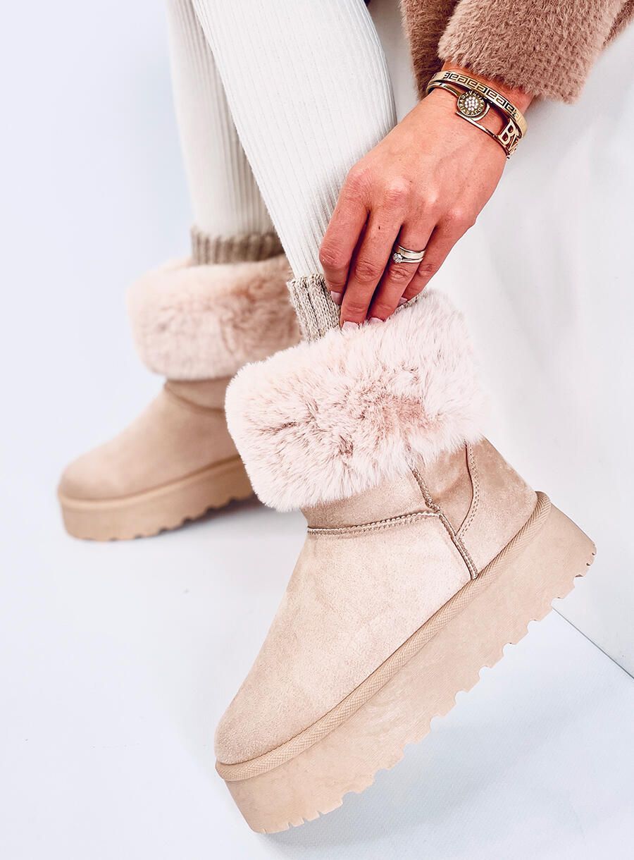 Wildleder-Schneestiefel mit Kunstfell Beige