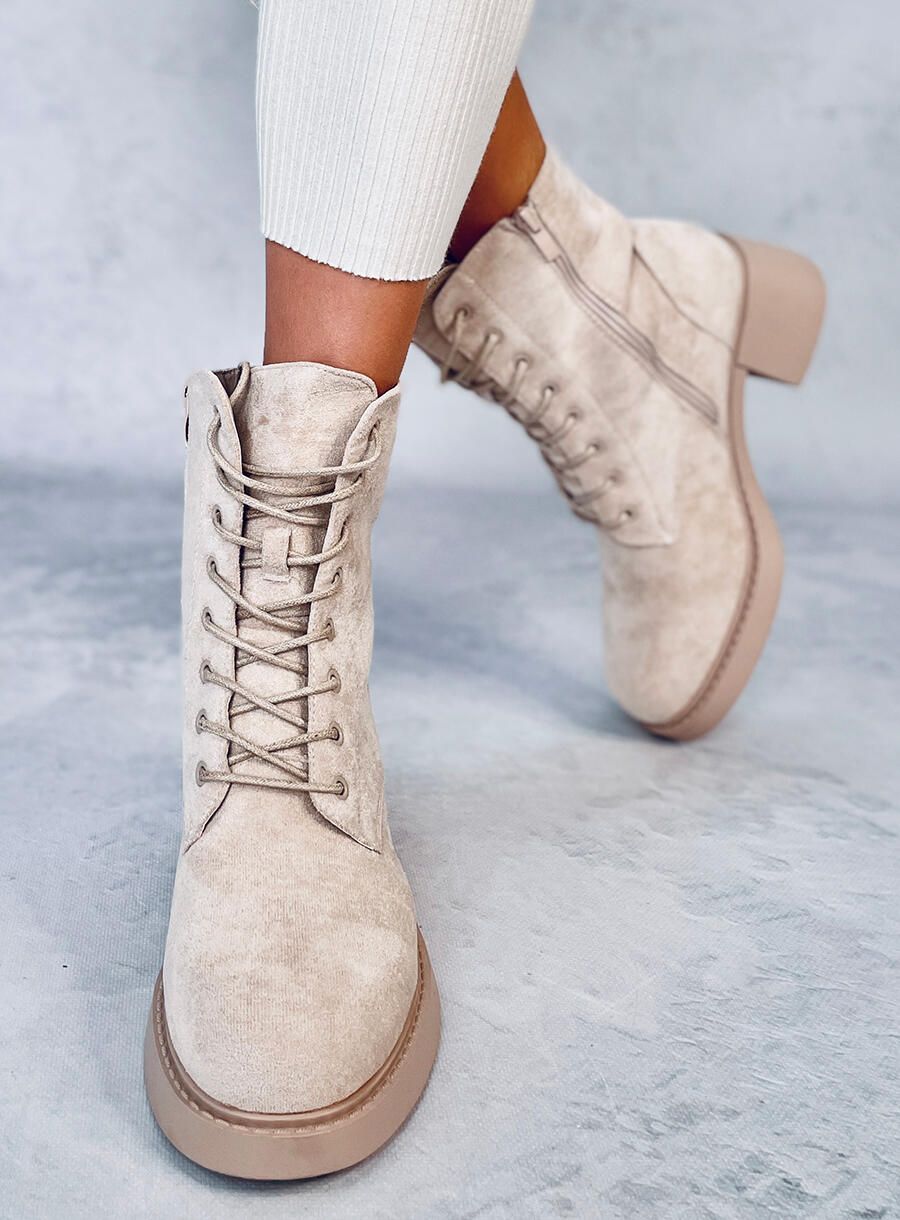 Schnürstiefeletten mit breitem Absatz Beige