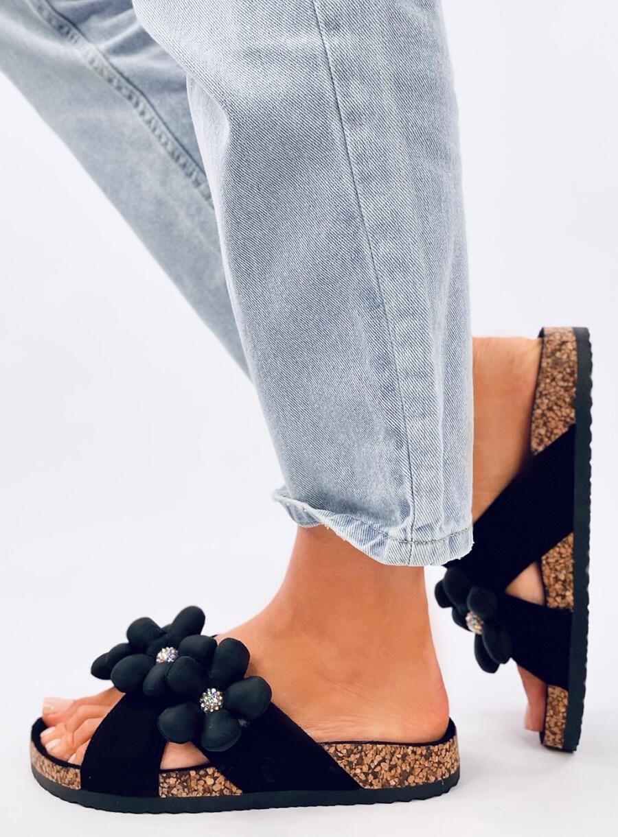 Damen Pantoletten mit Blumen Schwarz