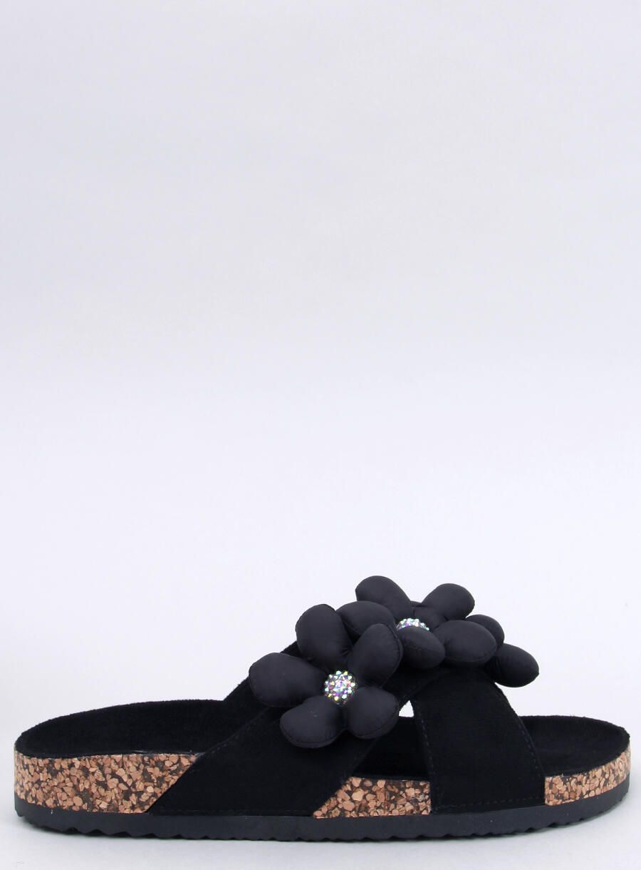 Damen Pantoletten mit Blumen Schwarz