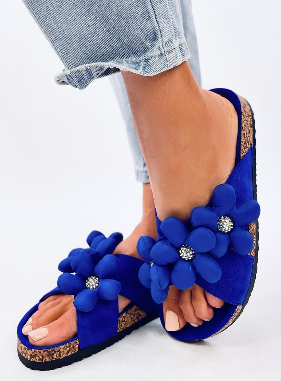 Damen Pantoletten mit Blumen Royal Blau