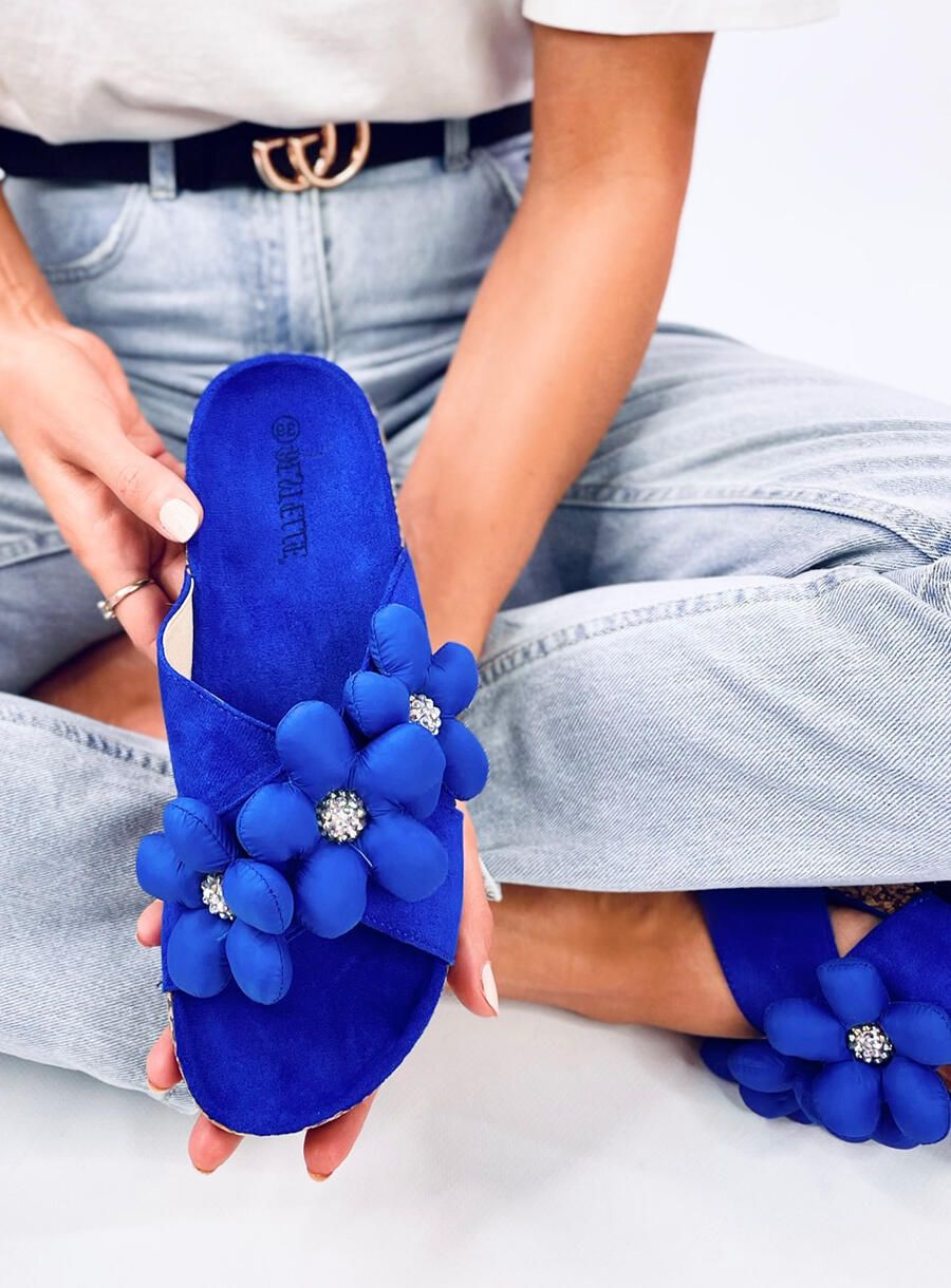 Damen Pantoletten mit Blumen Royal Blau