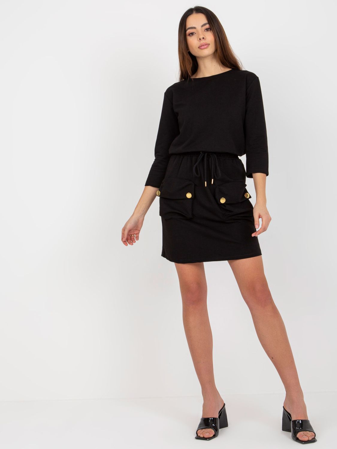 Schwarzes Mini-Dress aus Sweatstoff mit Kordelzug OCH BELLA