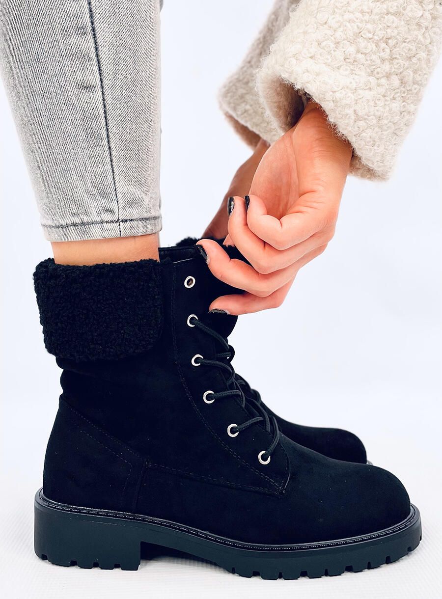 Schnürschuhe mit Kunstfell Schwarz