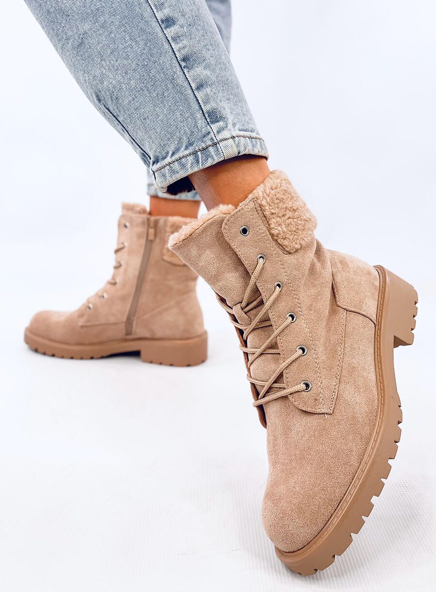 Schnürschuhe mit Kunstfell Beige