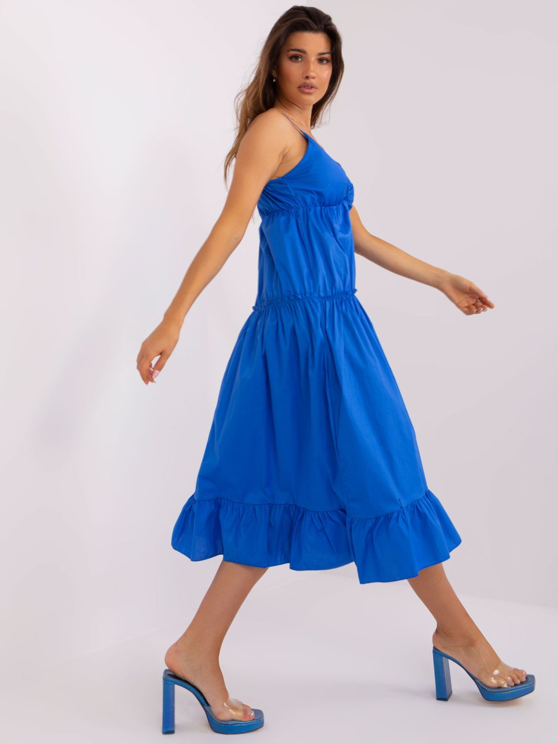 Dunkelblaue Midi-Kleid mit Volant OCH BELLA