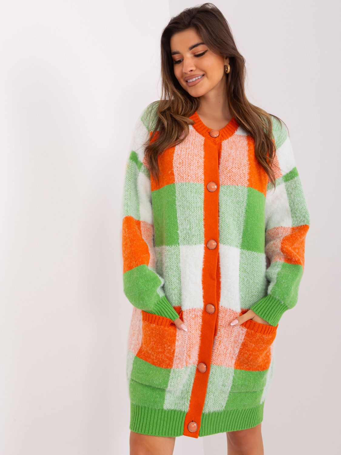 Orange-grüner kariertem Cardigan