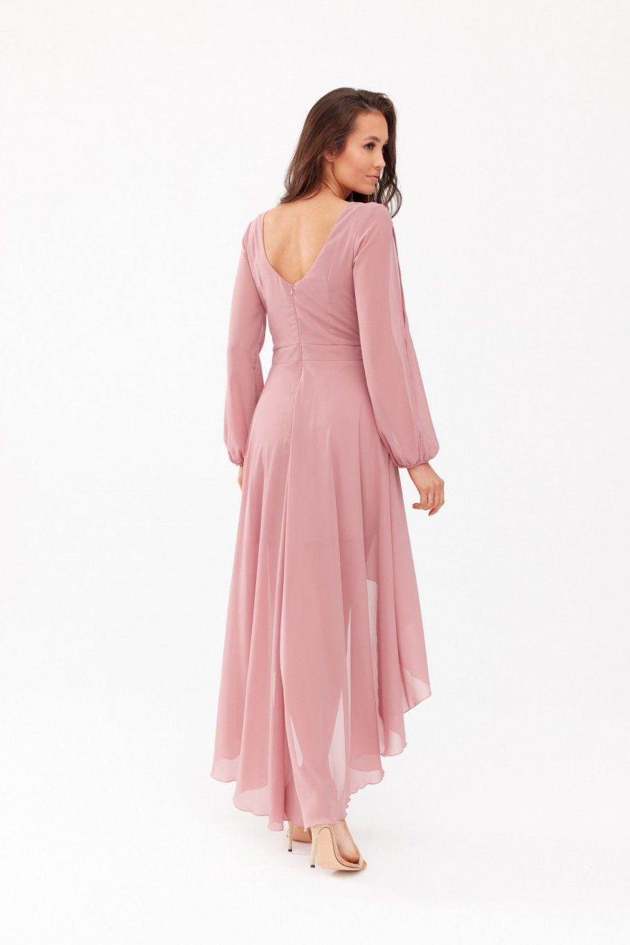 Asymmetrisches Maxi-Kleid mit langen Ärmeln in Dunkelrosa