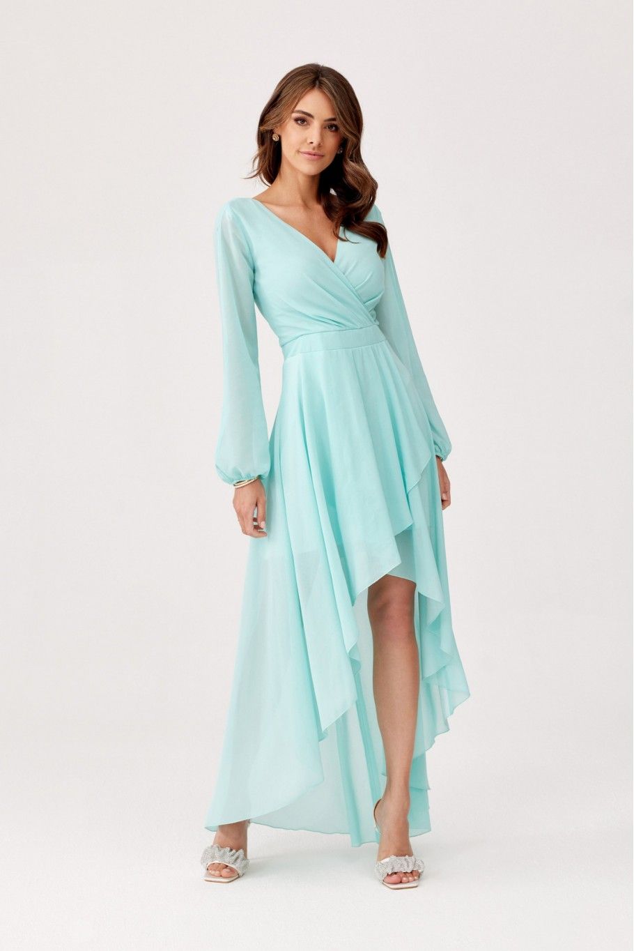 Asymmetrisches Maxi-Kleid mit langen Ärmeln in hellem Mint