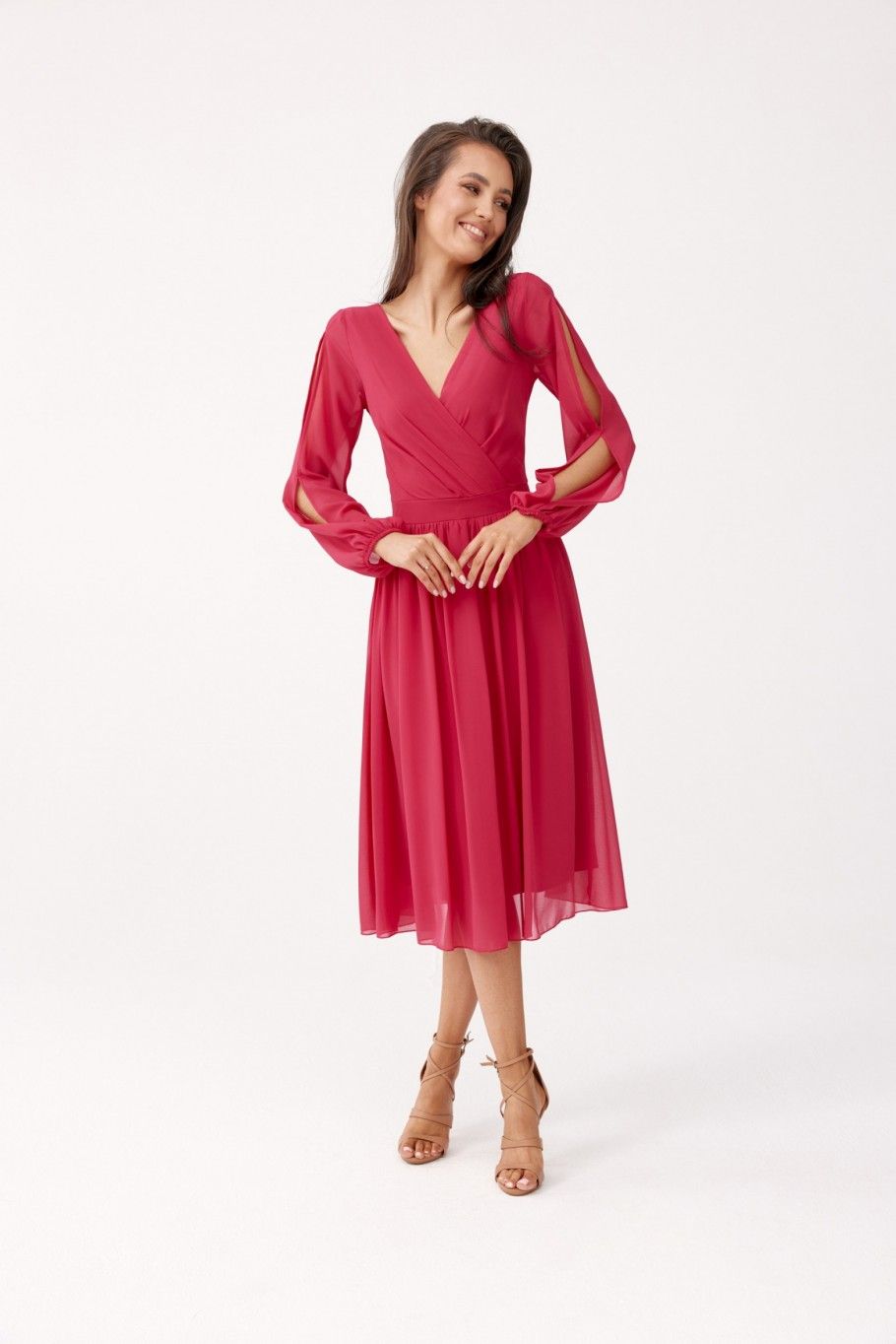 Ausgestelltes Kleid mit Wickelausschnitt und langen Ärmeln in Korallenrot