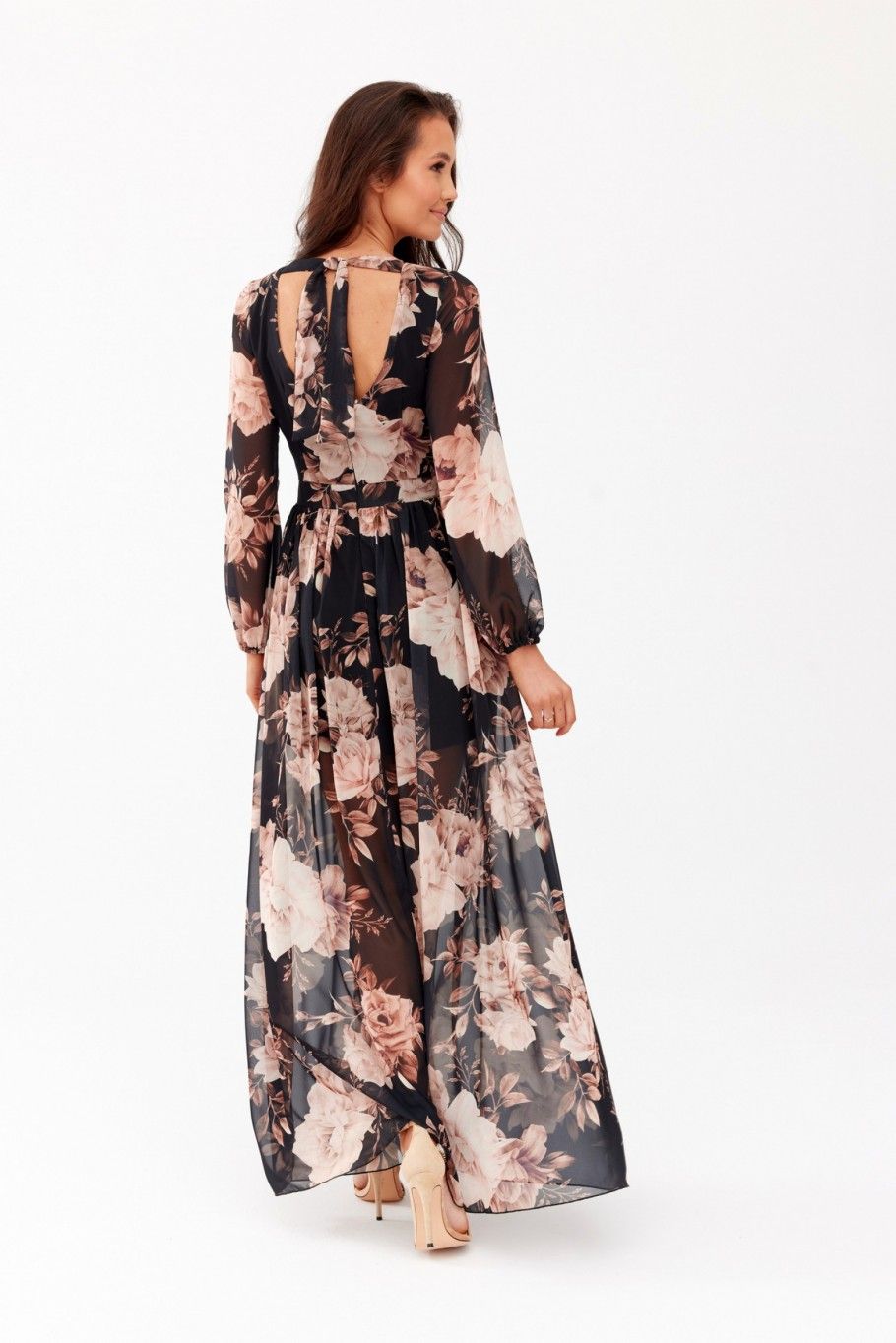 Langes gemustertes Kleid mit Rückenschnürung – Schwarz