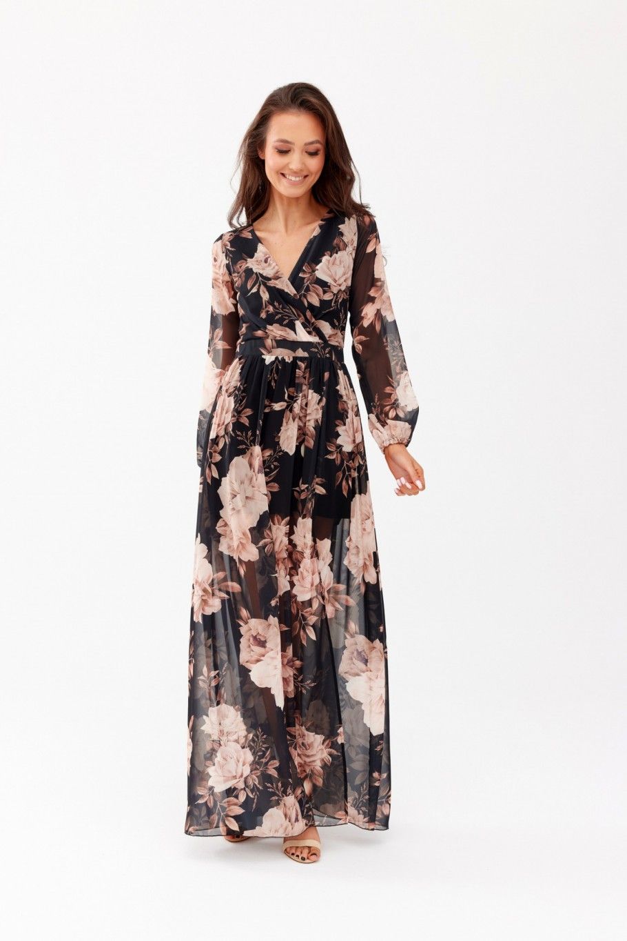 Langes gemustertes Kleid mit Rückenschnürung – Schwarz