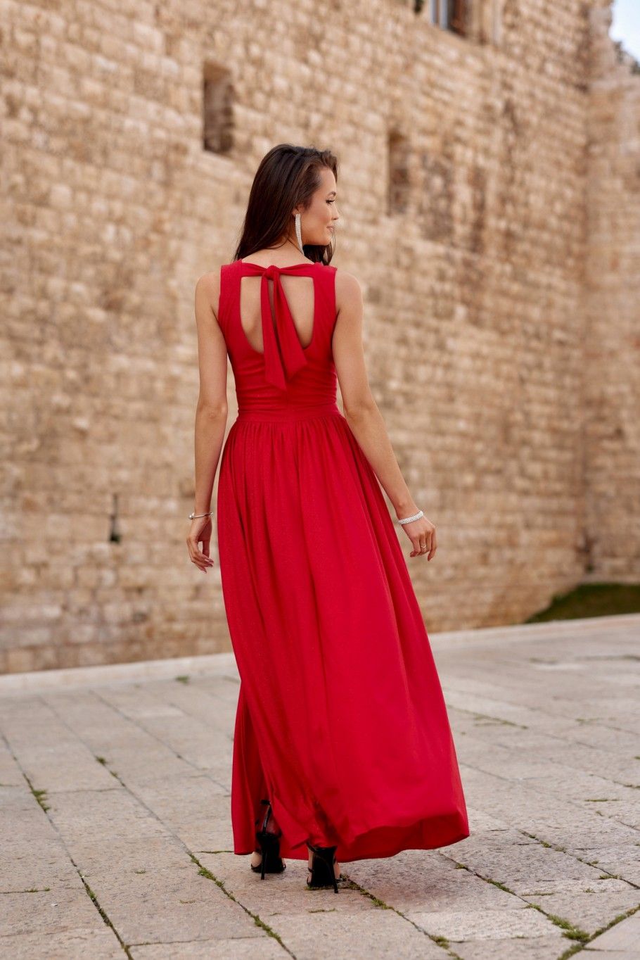 Maxi-Brokatkleid mit Rückenschnürung in Rot