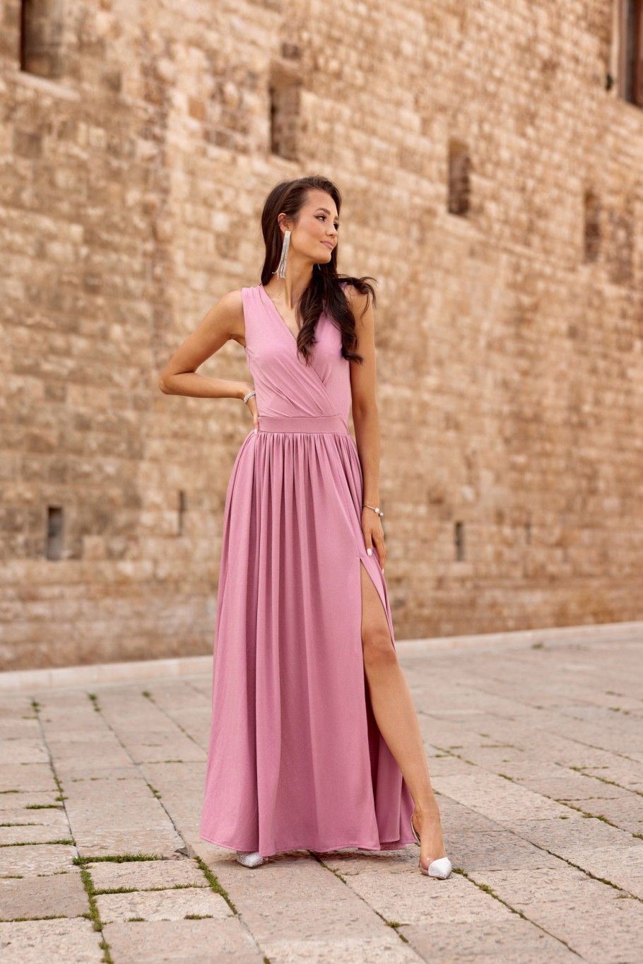 Maxi-Brokatkleid mit Rückenschnürung in Rosa