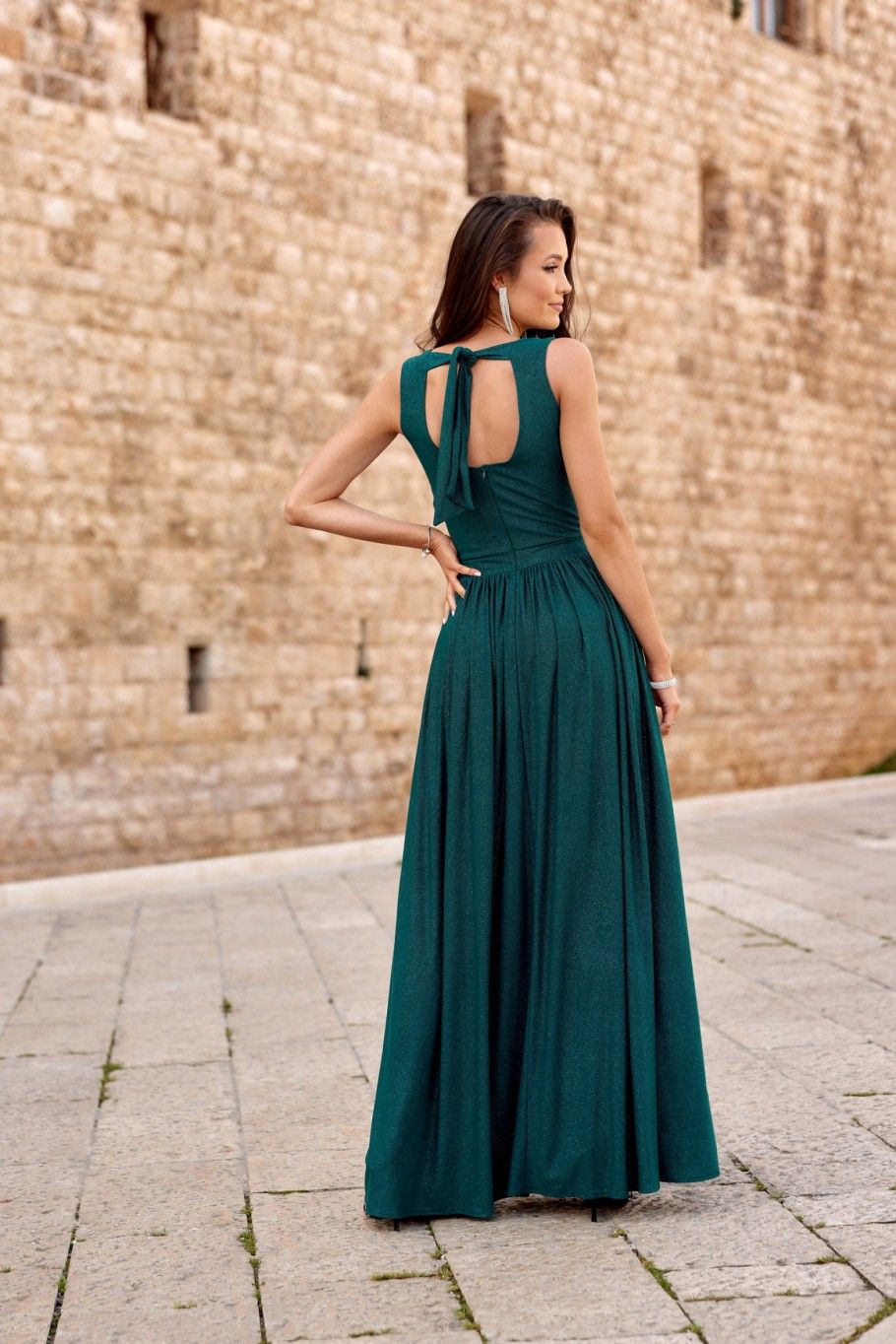 Maxi-Brokatkleid mit Rückenschnürung in Grün