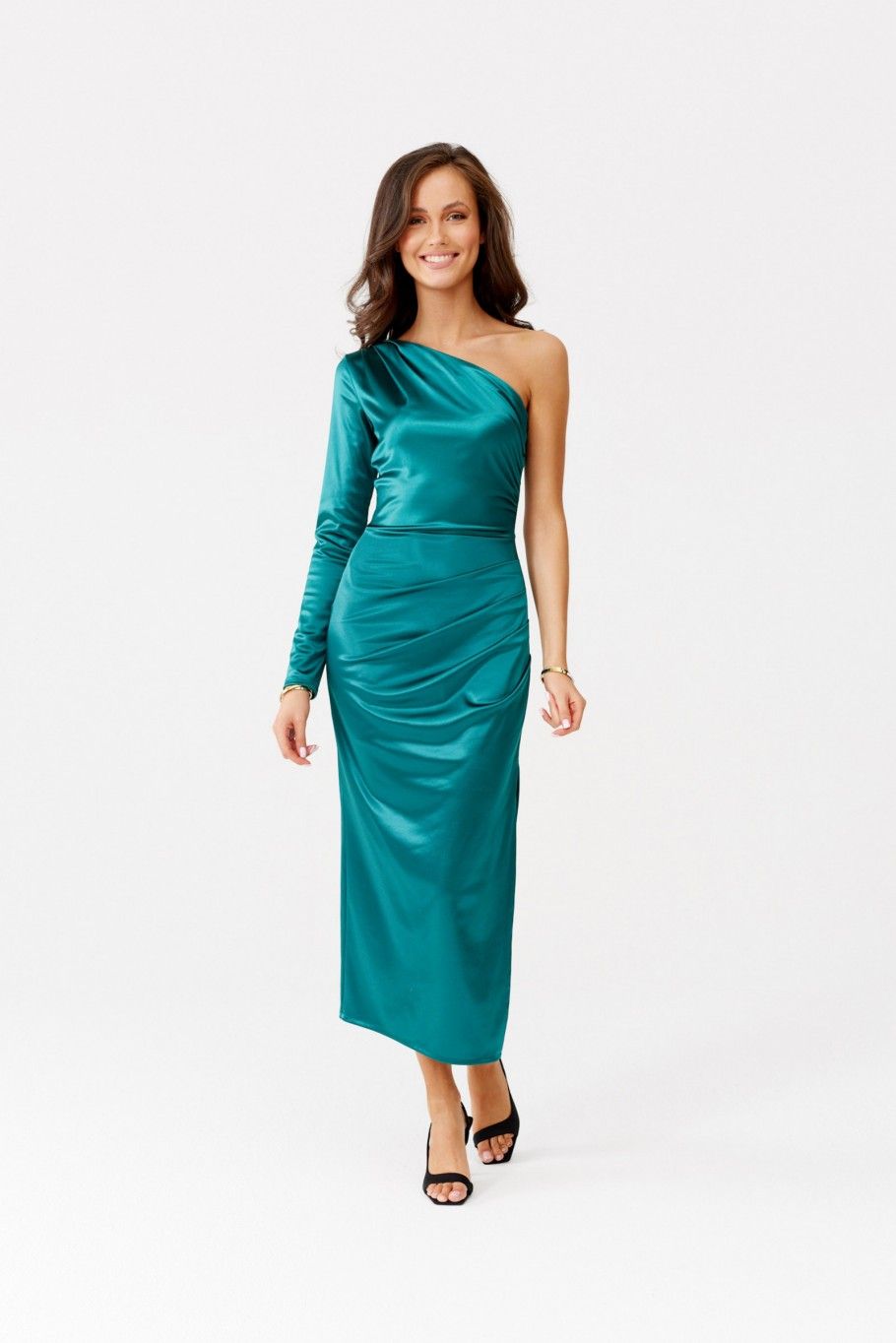 Satiniertes Midi-Kleid mit einem langen Ärmel, grün