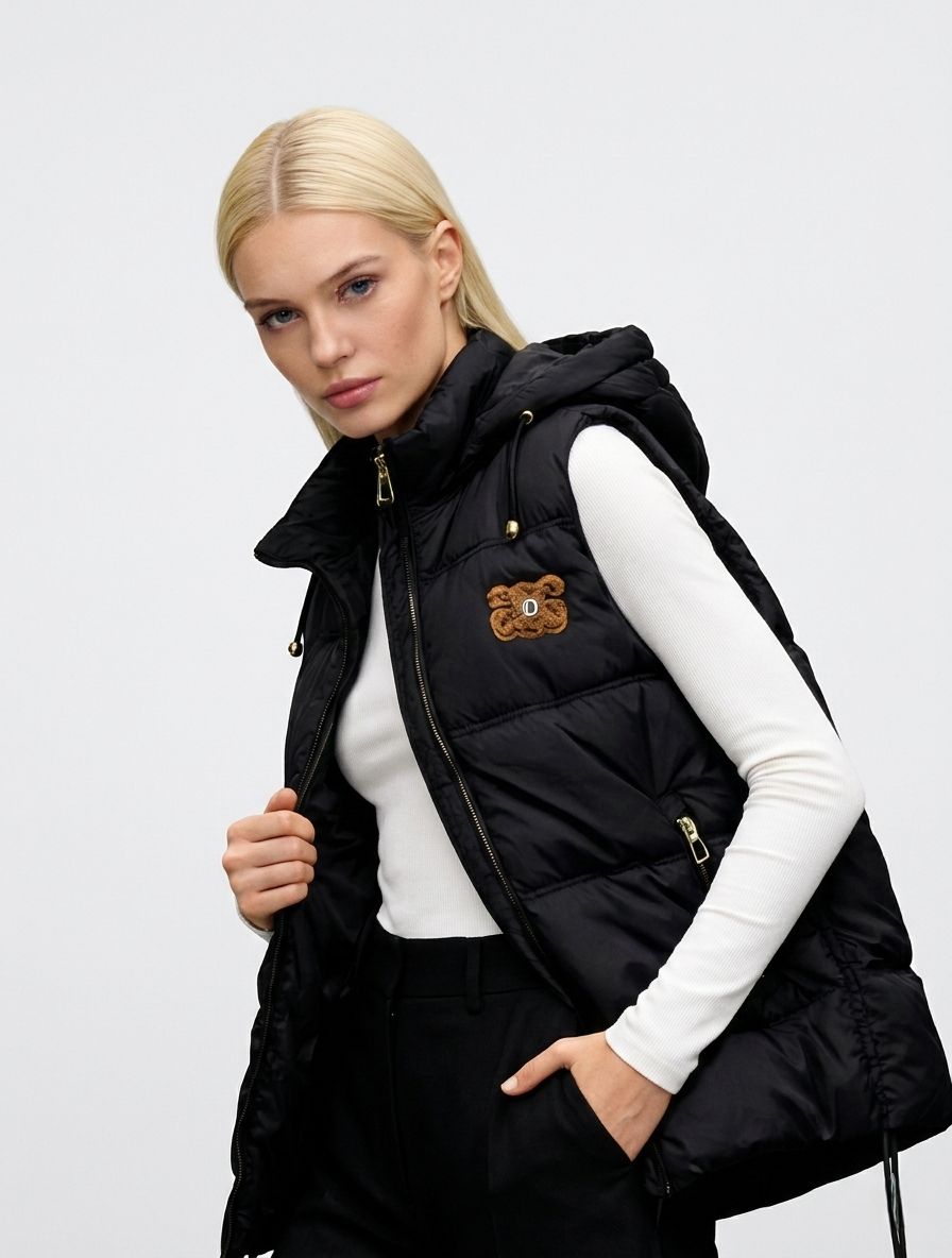 Gesteppte Damenweste mit abnehmbarer Kapuze Schwarz