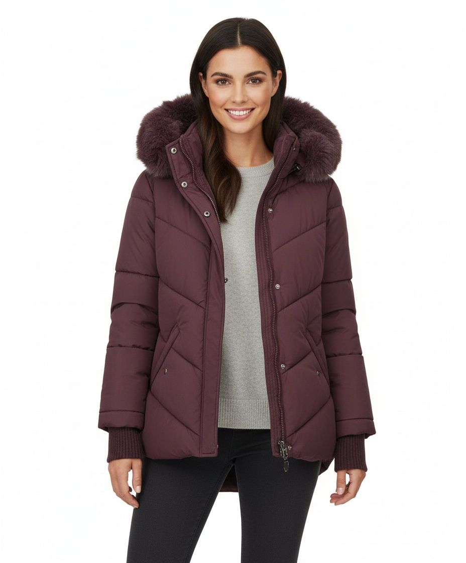 Damen-Steppjacke für den Winter mit Fell – Pflaumenviolett